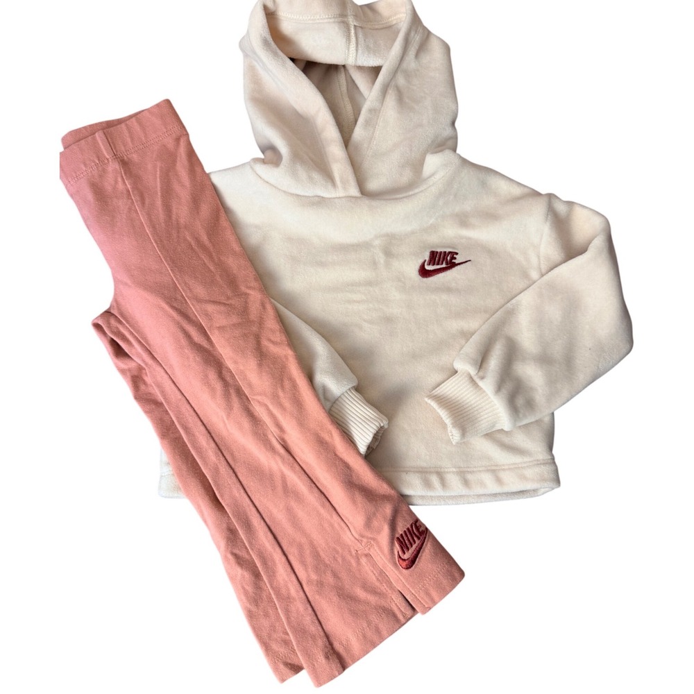 Nike Toddler Girls Fleece Hoodie and Flared Leggings 2-Piece Set Cream Pink 2T